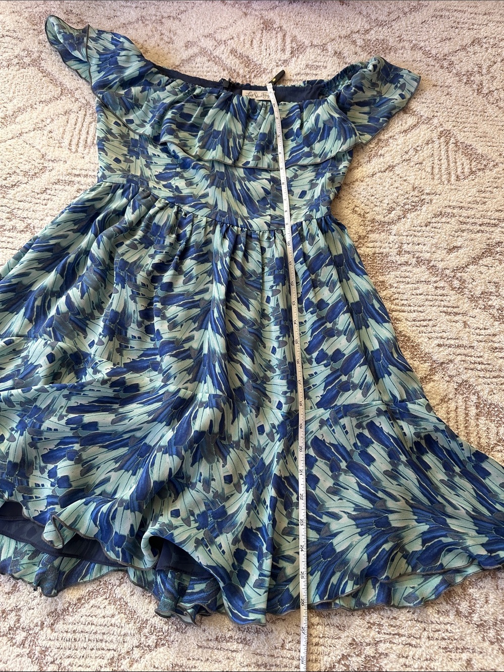 LoveShackFancy 100% Silk Blue Floral Off Shoulder Ruffle Dress Size 1 - Picture 9 of 17